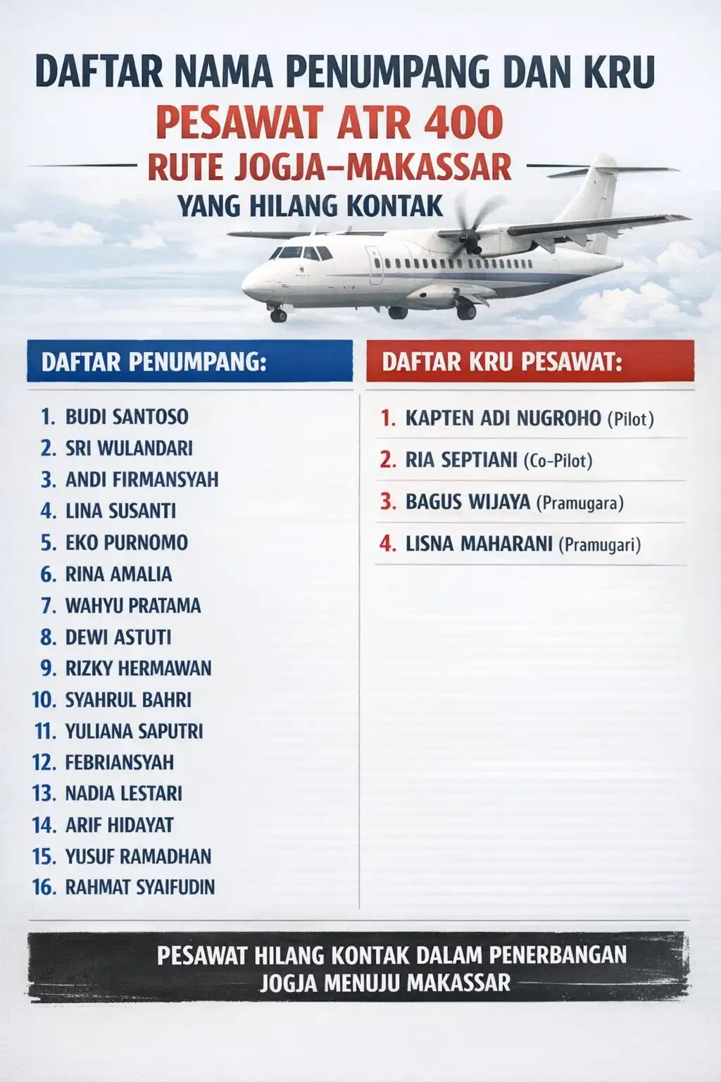 Read more about the article Daftar Nama Penumpang dan Kru Pesawat ATR 400 Rute Jogja–Makassar yang Hilang Kontak