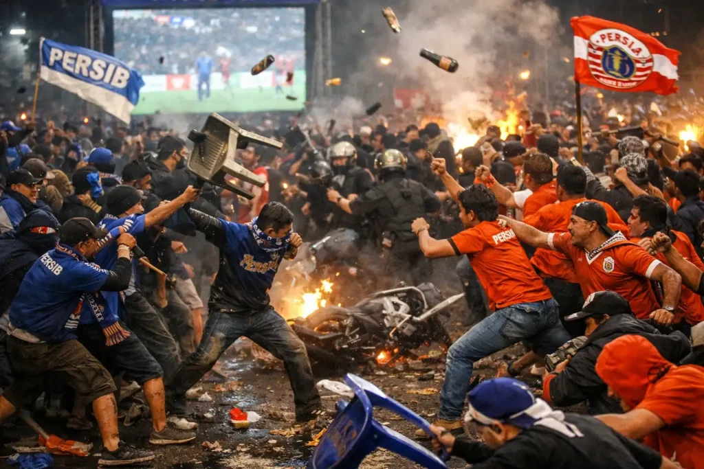 Nobar Berujung Bentrok, Suporter Persib dan Persija Ricuh di Depok