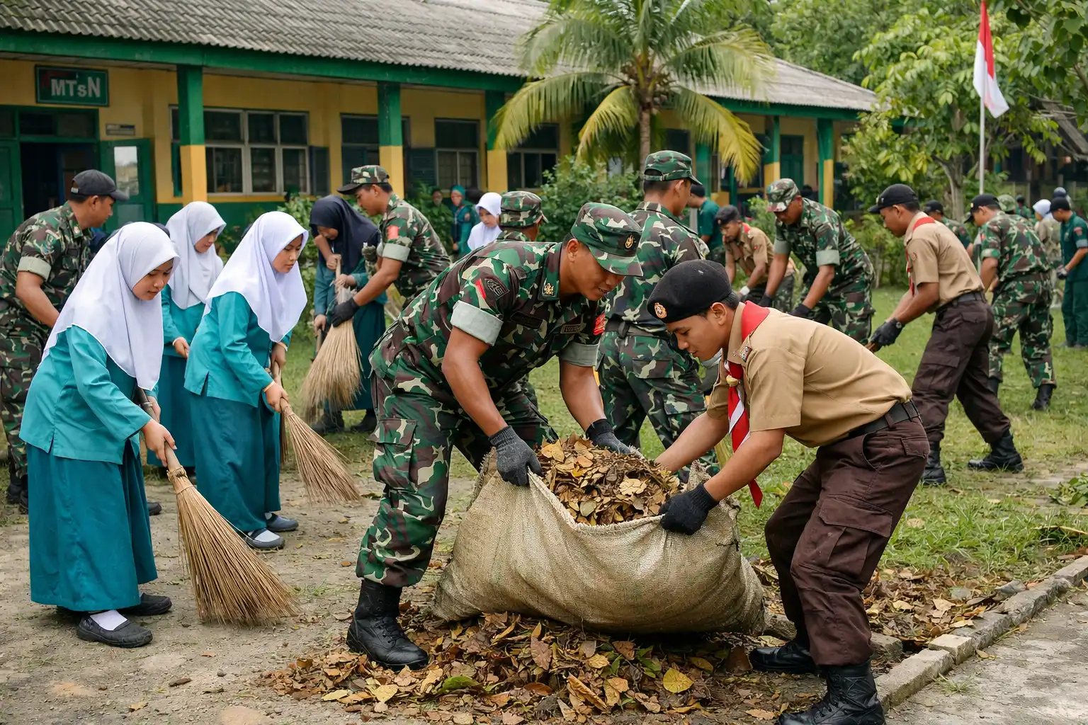 Read more about the article Siswa MTs di Aceh Tamiang Bergotong Royong Bersama Seluruh TNI Bersihkan Sekolah
